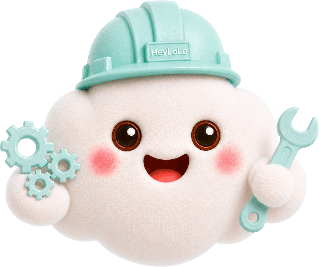 HeyLoLo cloud mascot wearing a hard hat with wrench
