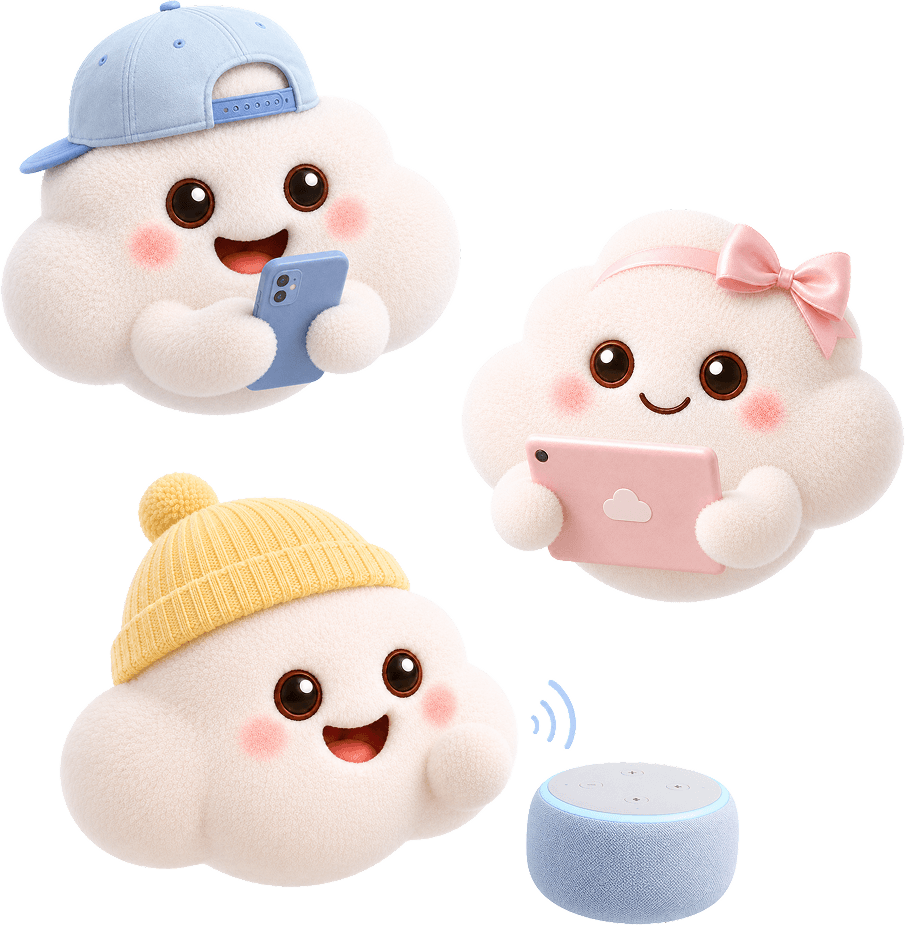 HeyLoLo cloud mascots using phone, tablet, and smart speaker