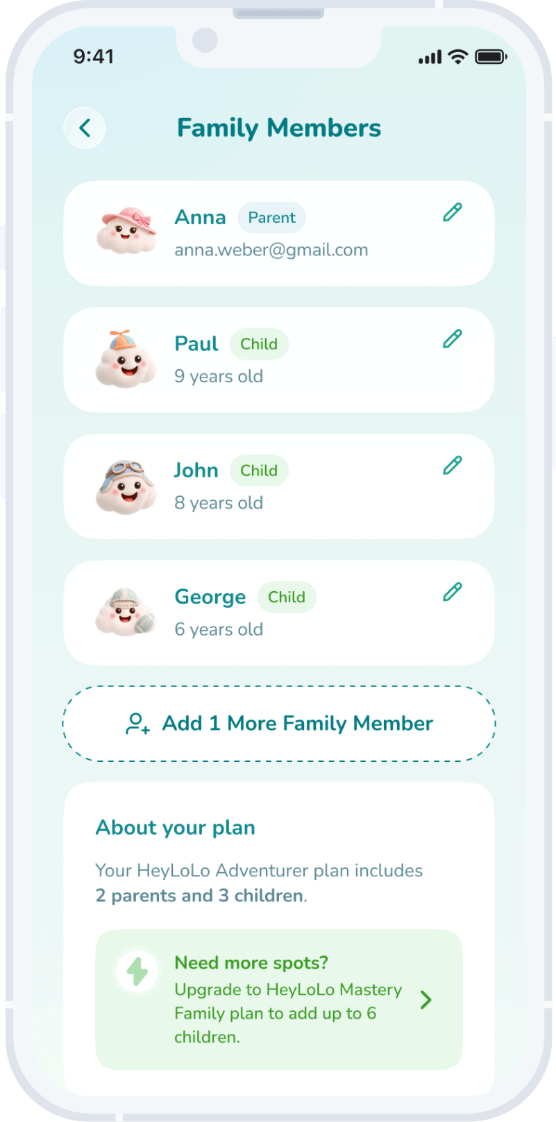 Family Features — HeyLoLo app screen