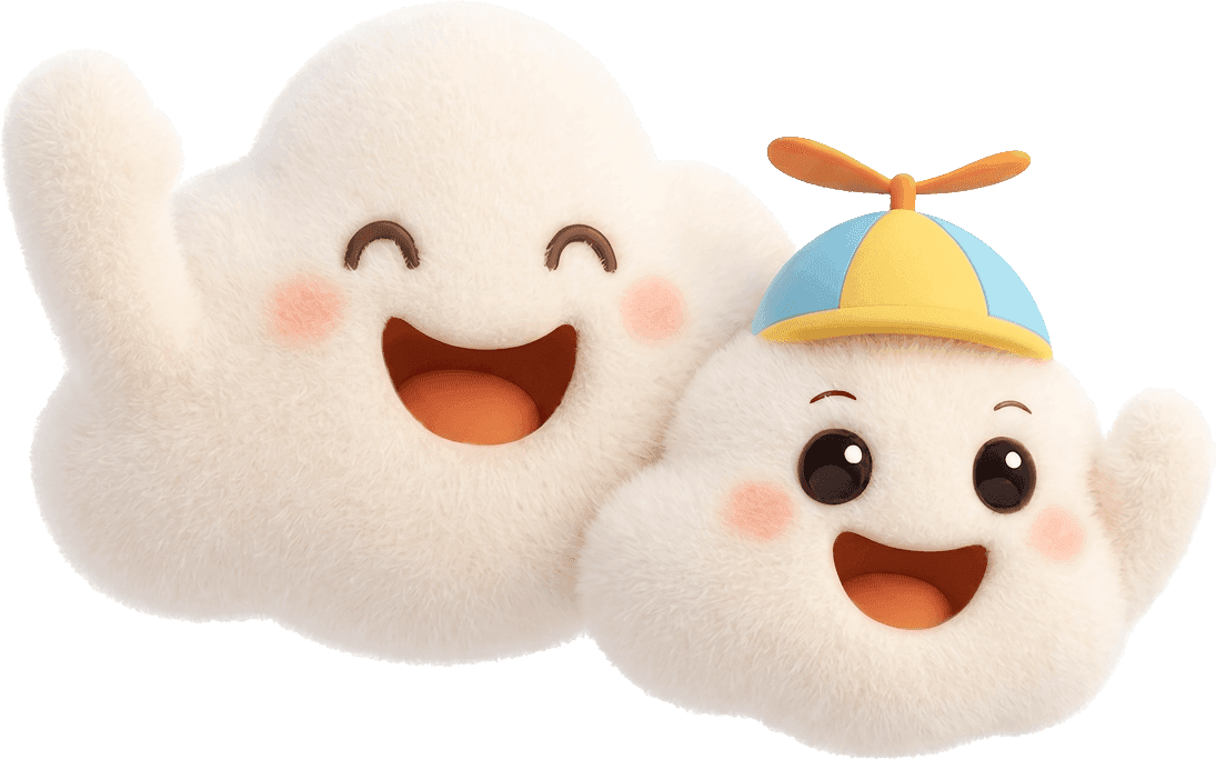 HeyLoLo cloud mascots — two happy clouds