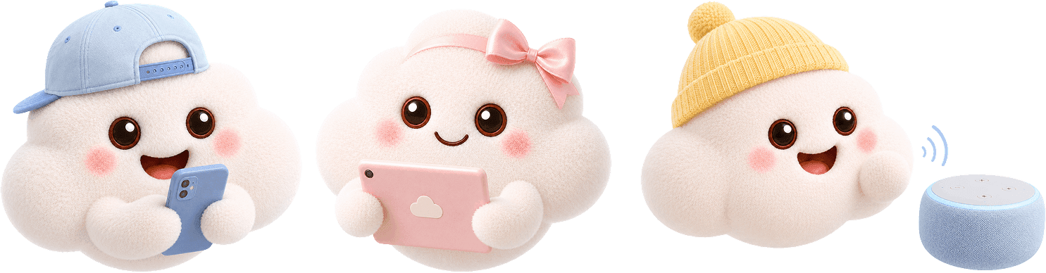 HeyLoLo cloud mascots with phone, tablet, and smart speaker
