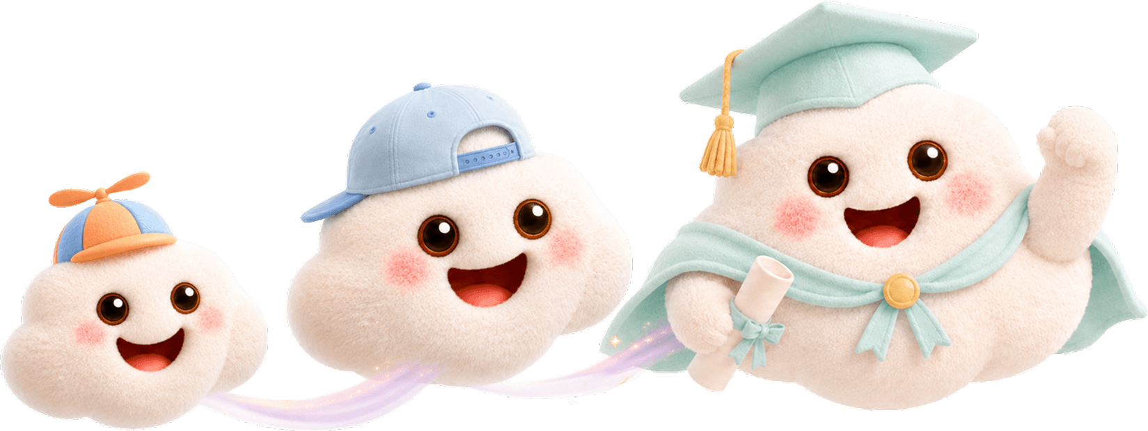 HeyLoLo cloud mascots growing from young to graduate